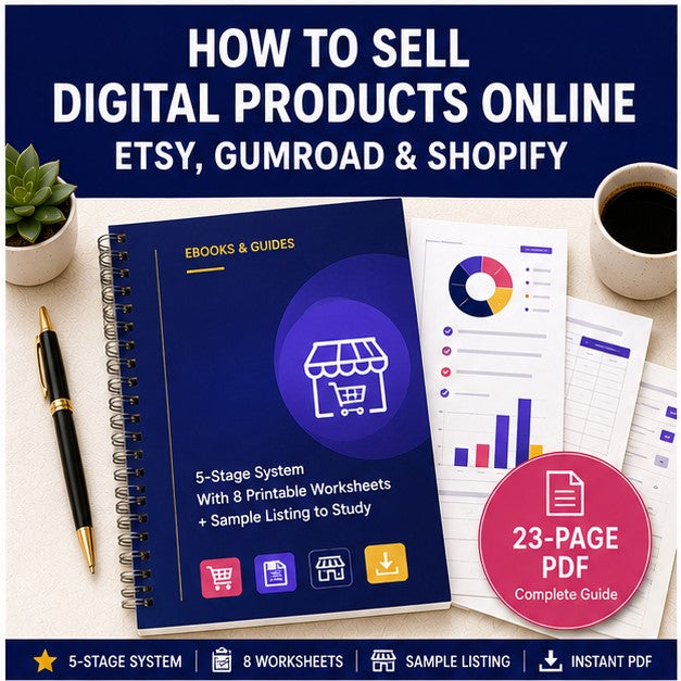 How to Sell Digital Products Online (Etsy, Gumroad &amp; Shopify) | 5-Stage System + Sample Listing | Instant Download PDF