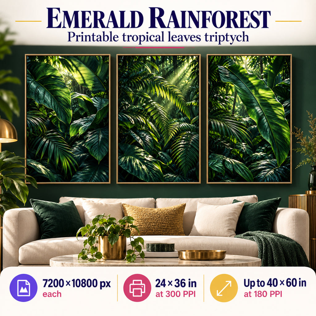 Emerald Rainforest Canopy printable living room wall art triptych of 3 tropical leaf prints on a dark accent wall, 7200×10800 px masters