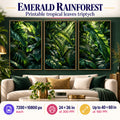 Emerald Rainforest Canopy printable living room wall art triptych of 3 tropical leaf prints on a dark accent wall, 7200×10800 px masters