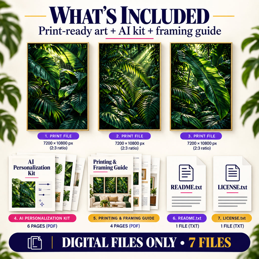 Emerald Rainforest Canopy digital download includes 3 tropical leaf JPGs, AI Personalization Kit, printing guide, README and license