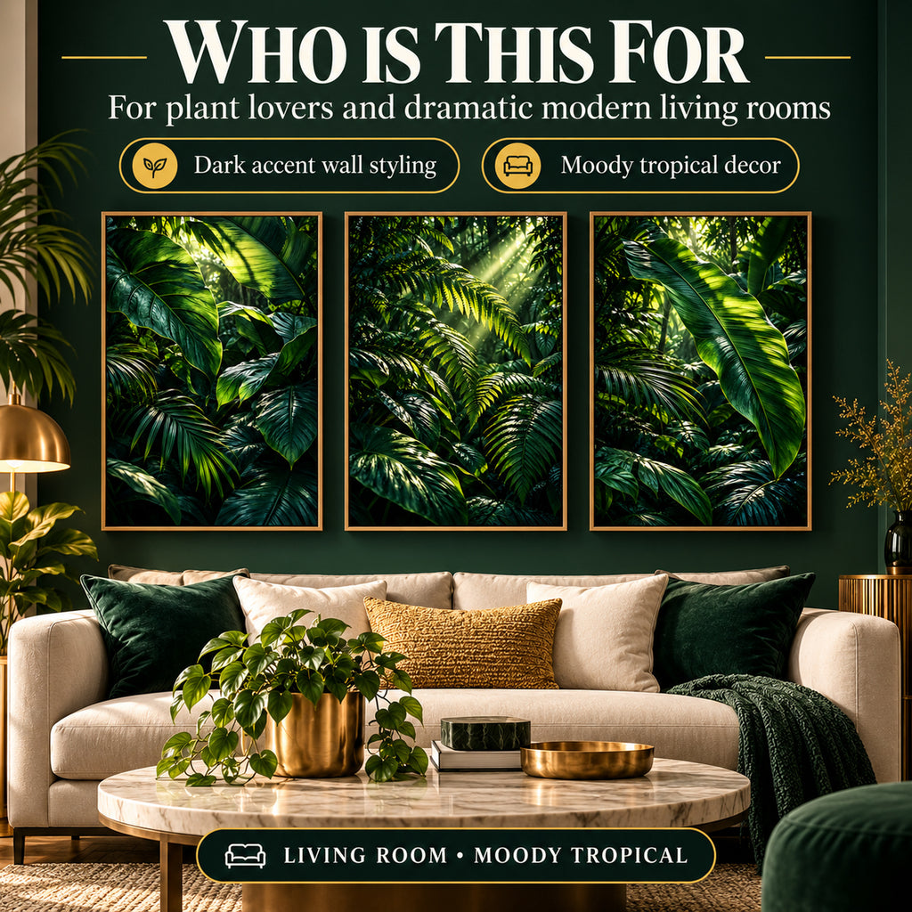 Emerald green botanical wall art triptych styled for plant lovers and dramatic modern living rooms with a dark accent wall