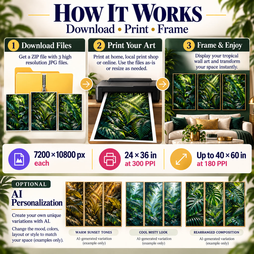 How to download print and frame Emerald Rainforest Canopy art plus AI-generated tropical leaf variation examples