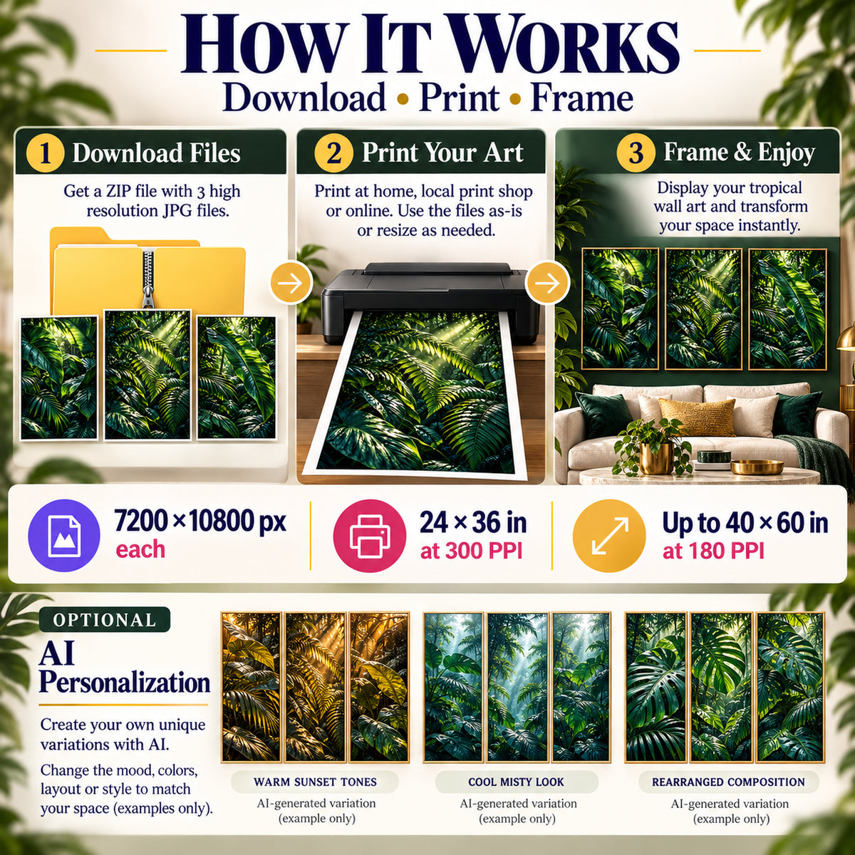 How to download print and frame Emerald Rainforest Canopy art plus AI-generated tropical leaf variation examples