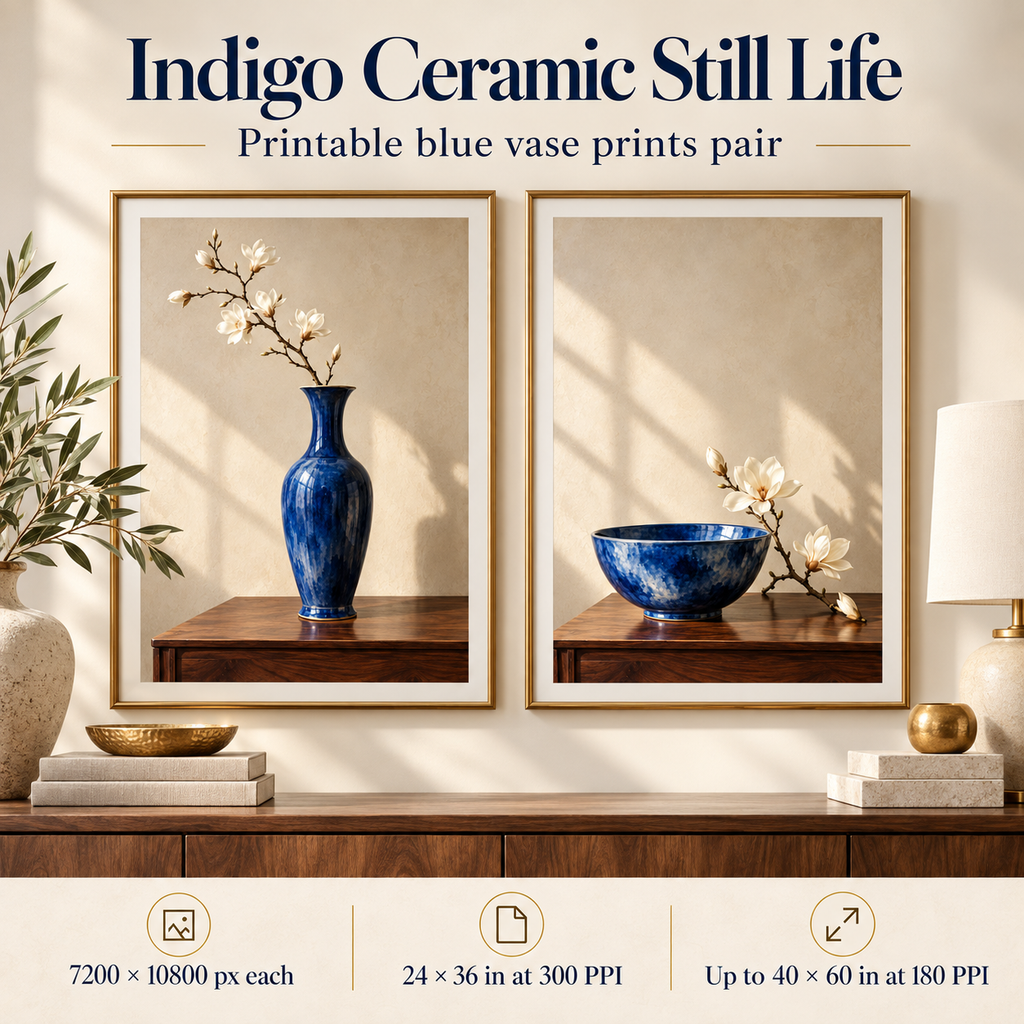 Indigo Ceramic Still Life printable blue vase wall art pair displayed in a refined living room with cream walls and walnut furniture