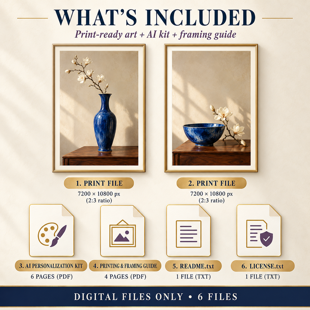 What is included in Indigo Ceramic Still Life download: 2 print-ready art JPGs, AI personalization kit, framing guide, README and license