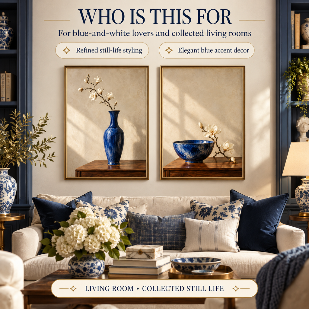 Indigo Ceramic Still Life printable wall art styled for blue-and-white and collected living rooms near a blue accent chair