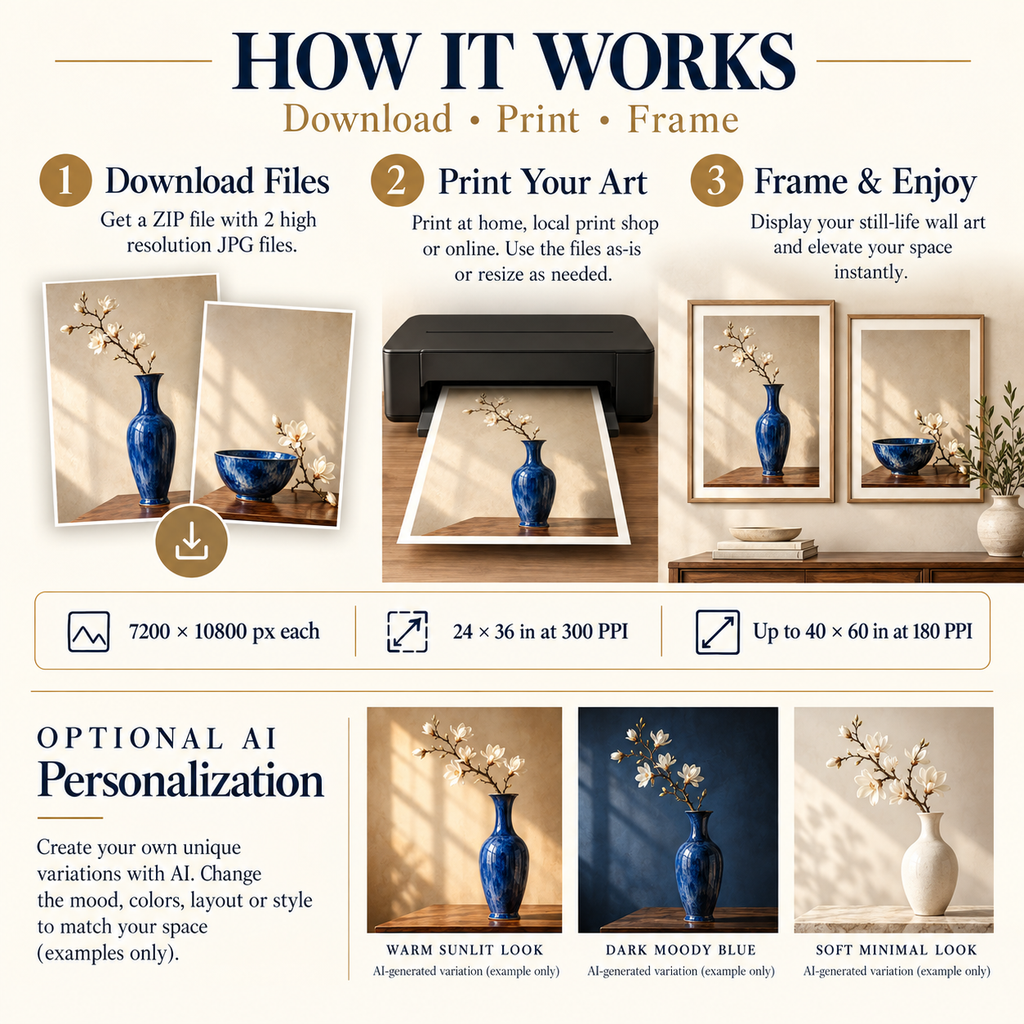 How to download print and frame Indigo Ceramic Still Life art in 2:3 portrait with 24 by 36 inch 300 PPI masters