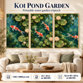 Koi Pond Garden printable living room wall art triptych with Art 01 left-moving koi, Art 02 two koi with circular ripples, and Art 03 koi exiting right