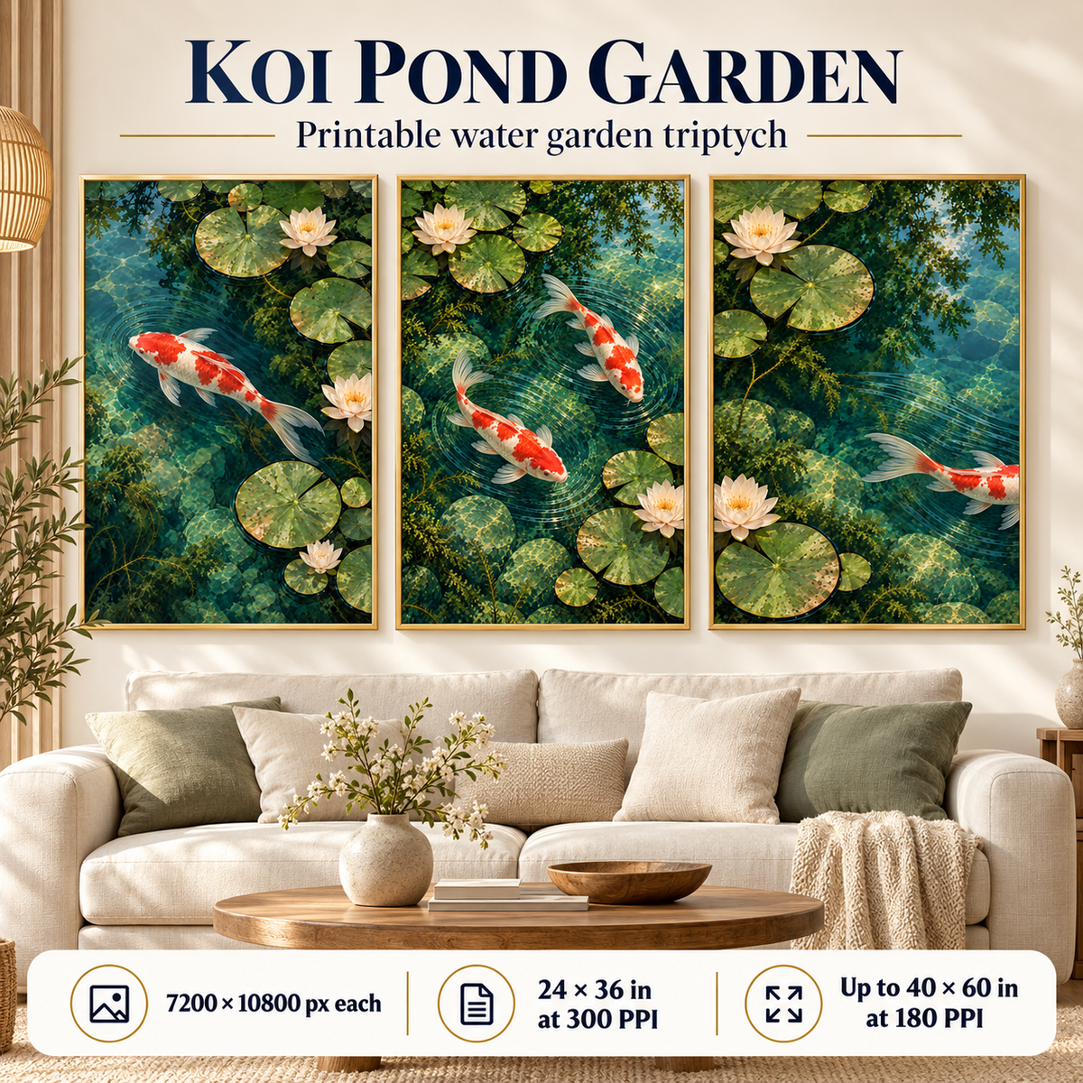 Koi Pond Garden printable living room wall art triptych with Art 01 left-moving koi, Art 02 two koi with circular ripples, and Art 03 koi exiting right