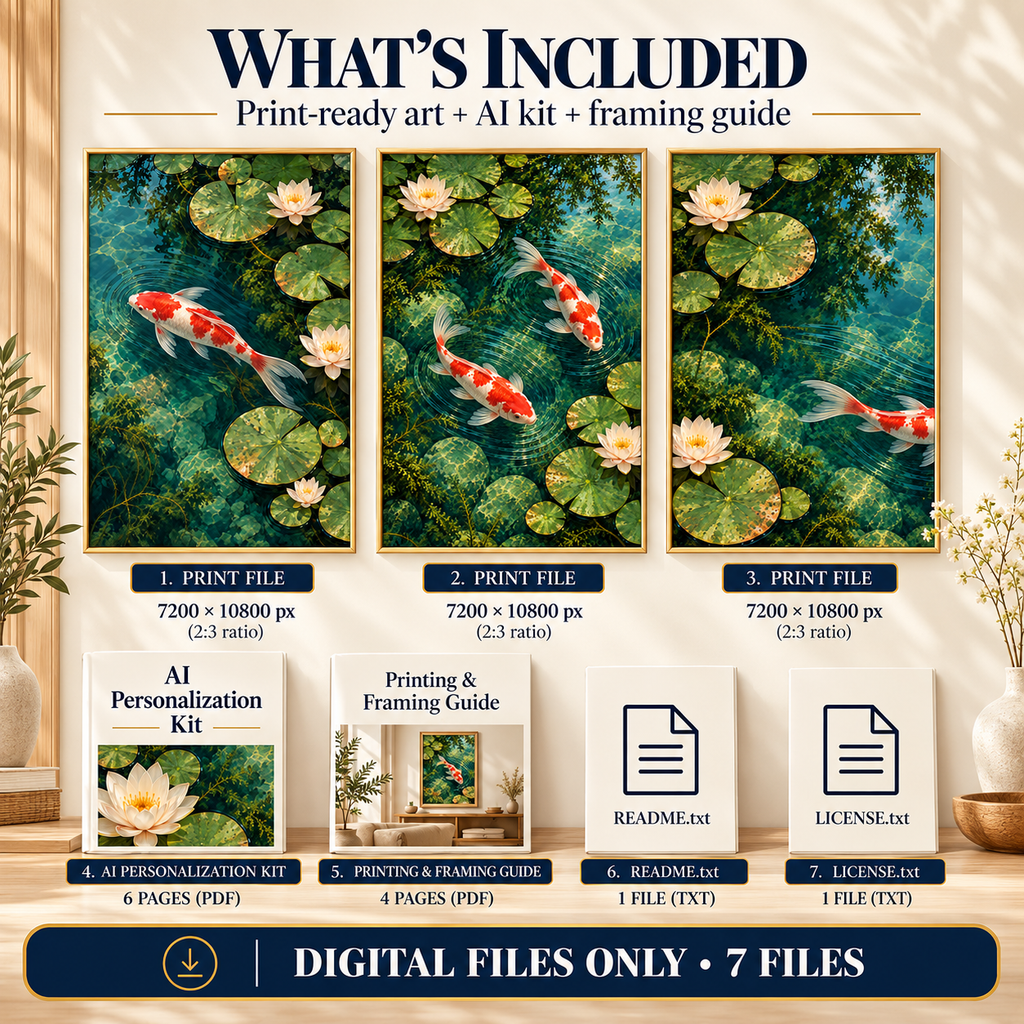 What is included in Koi Pond Garden download: 3 print-ready koi pond artworks, AI personalization kit, framing guide, README and license