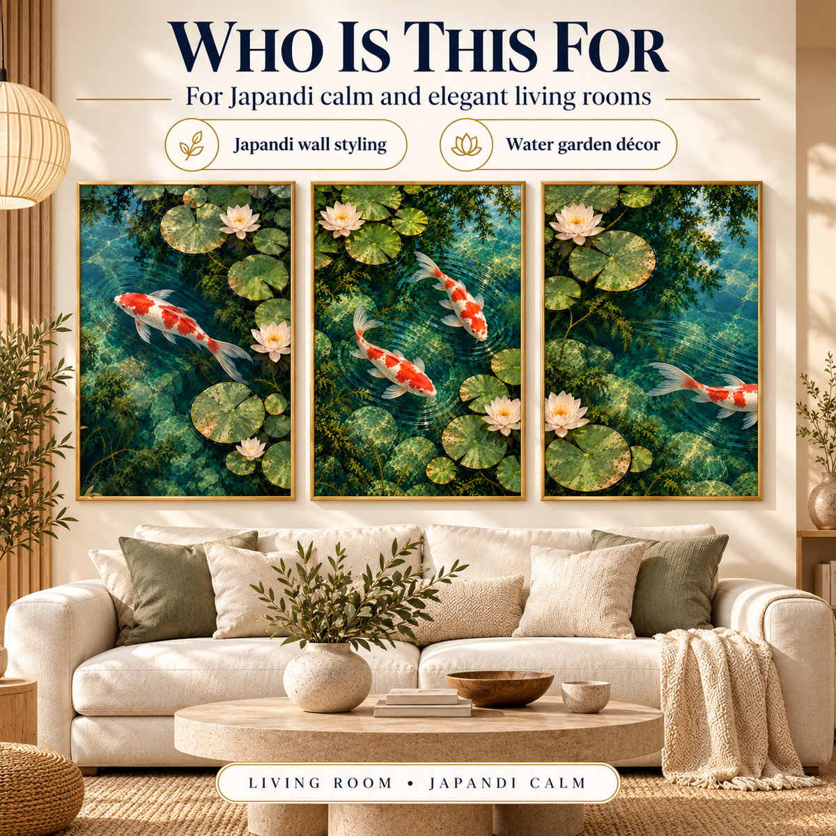 Koi Pond Garden printable triptych styled for Japandi calm and elegant living rooms using the three approved water garden artworks