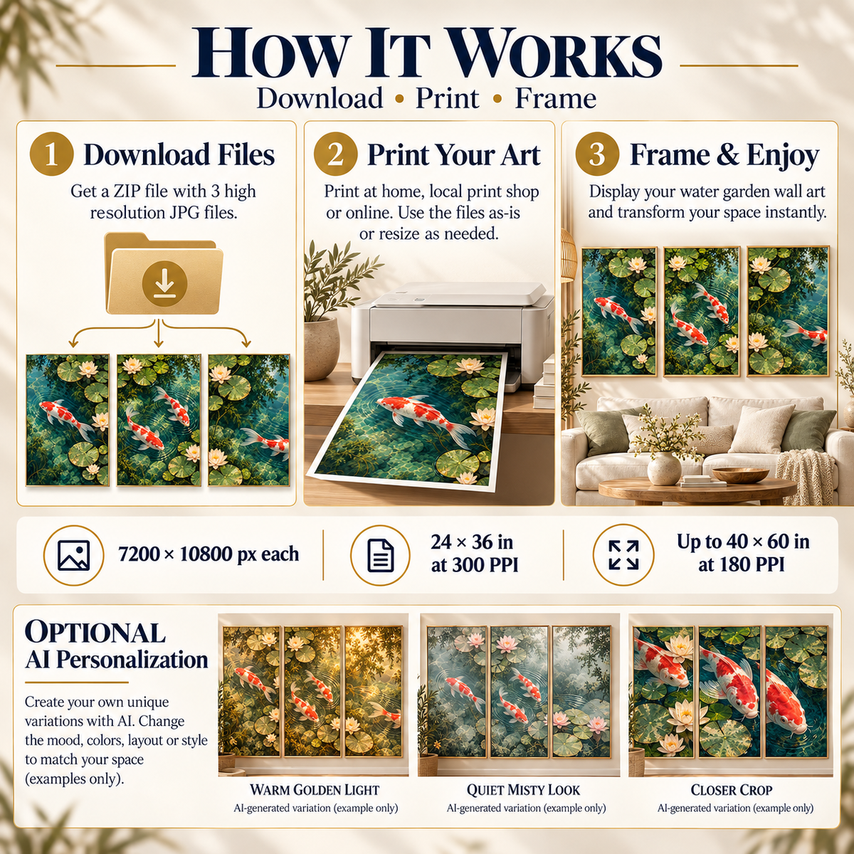 How to download print and frame Koi Pond Garden triptych with three approved 2:3 portrait artworks and optional AI personalization