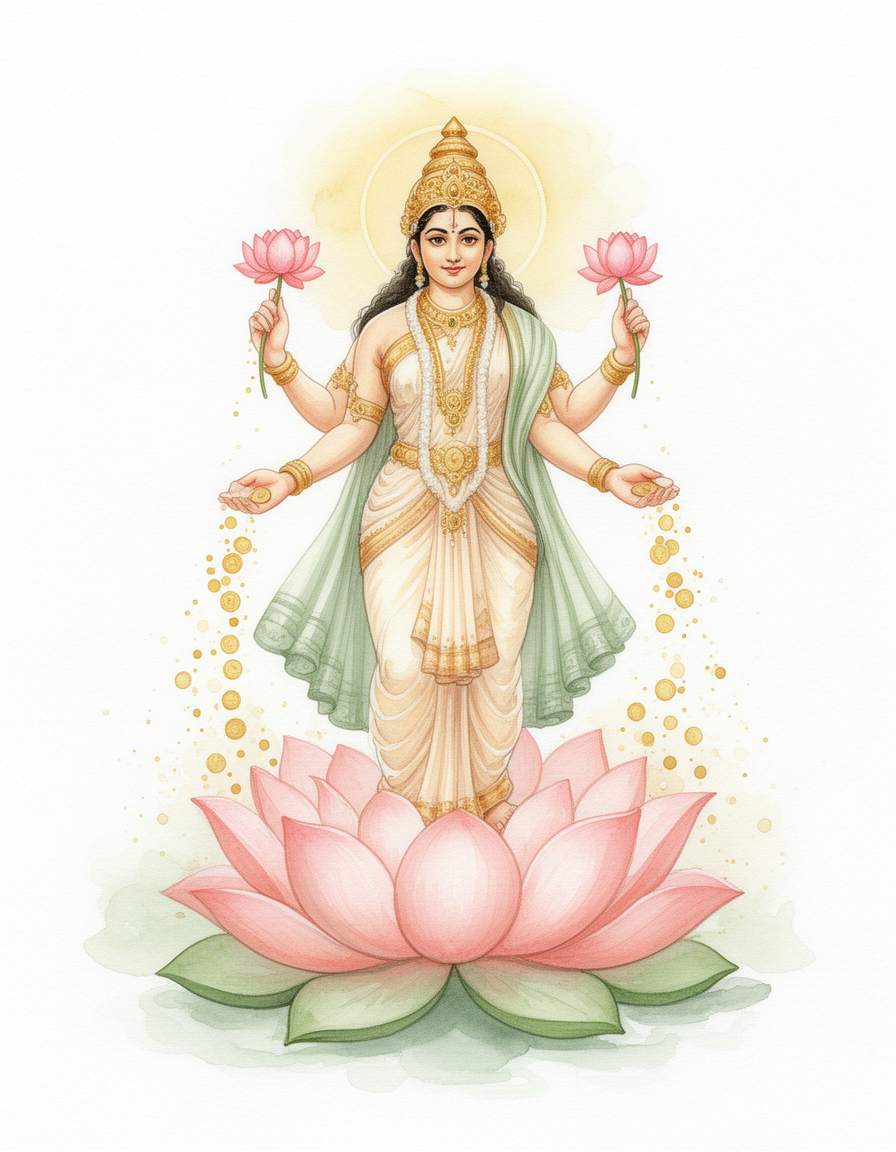 Goddess Lakshmi Art Print — Instant Download — Watercolour Style Hindu Wall Art 8x10 A4 A3 — Diwali Gift — Pooja Room Prosperity Decor