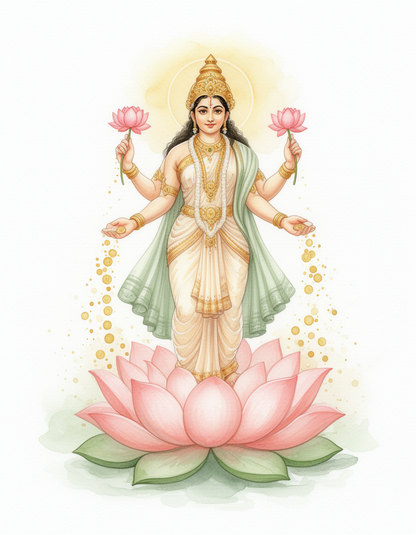 Goddess Lakshmi Art Print — Instant Download — Watercolour Style Hindu Wall Art 8x10 A4 A3 — Diwali Gift — Pooja Room Prosperity Decor