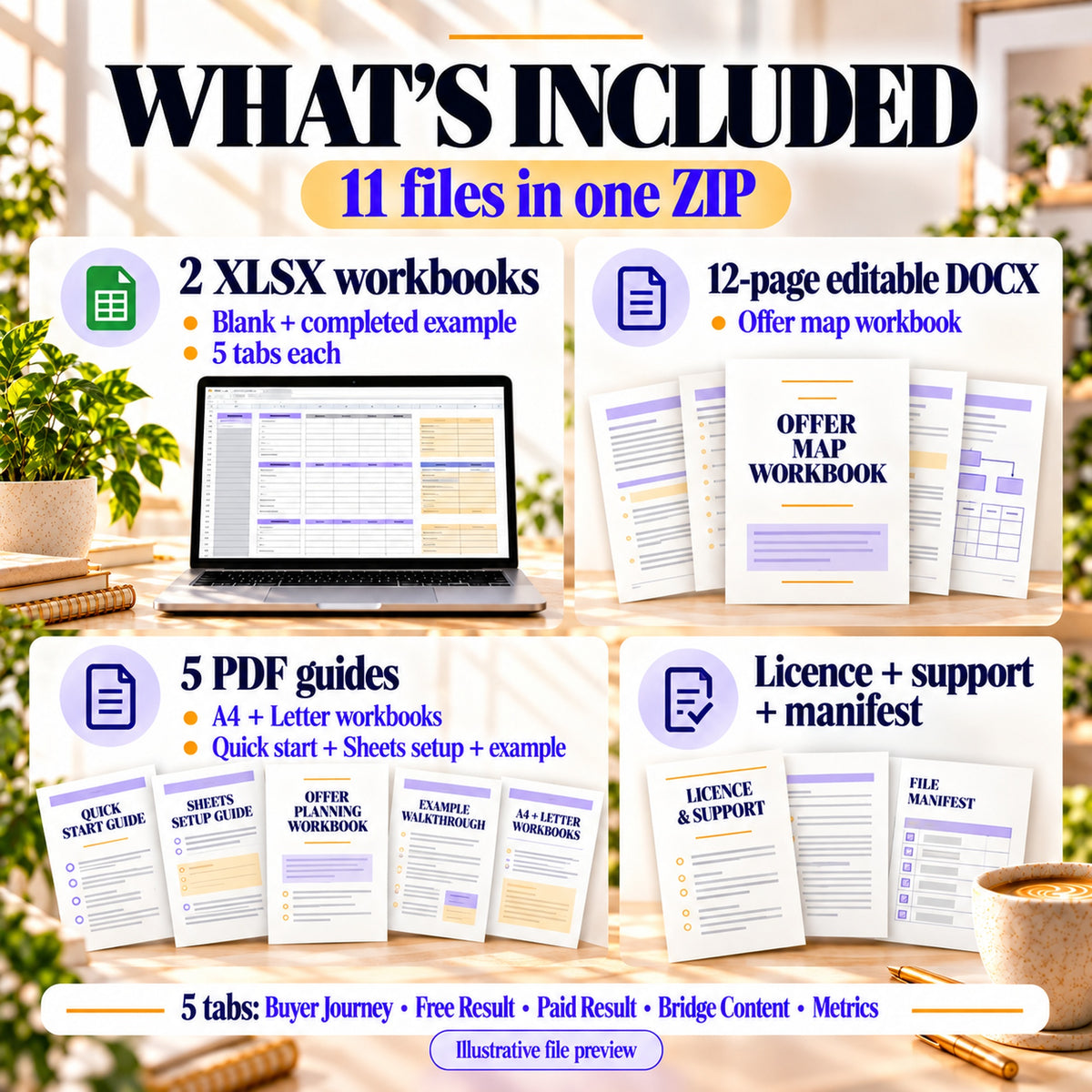 Eleven files including two five-tab XLSX planners, 12-page DOCX, five PDFs, licence, support notes and manifest