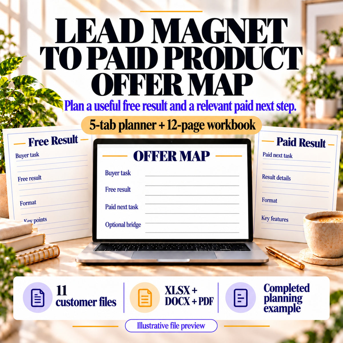 Lead magnet to paid product planner with a five-tab workbook, 12-page guide and 11 customer files