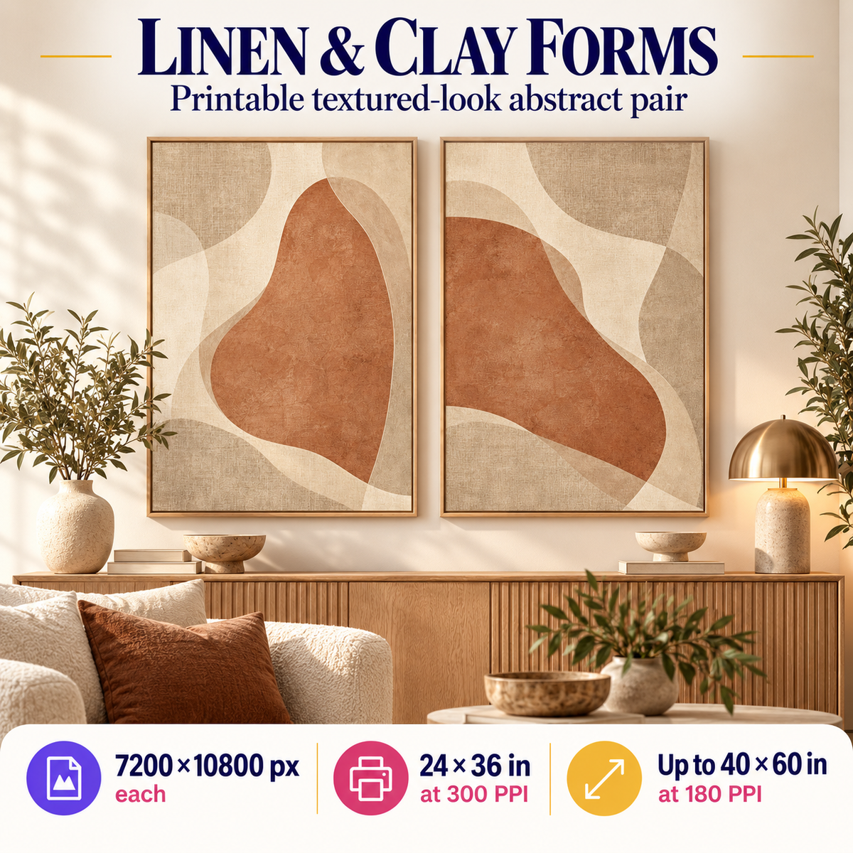 Linen and Clay Forms printable living room wall art pair shown above a light oak sideboard in a warm organic modern room