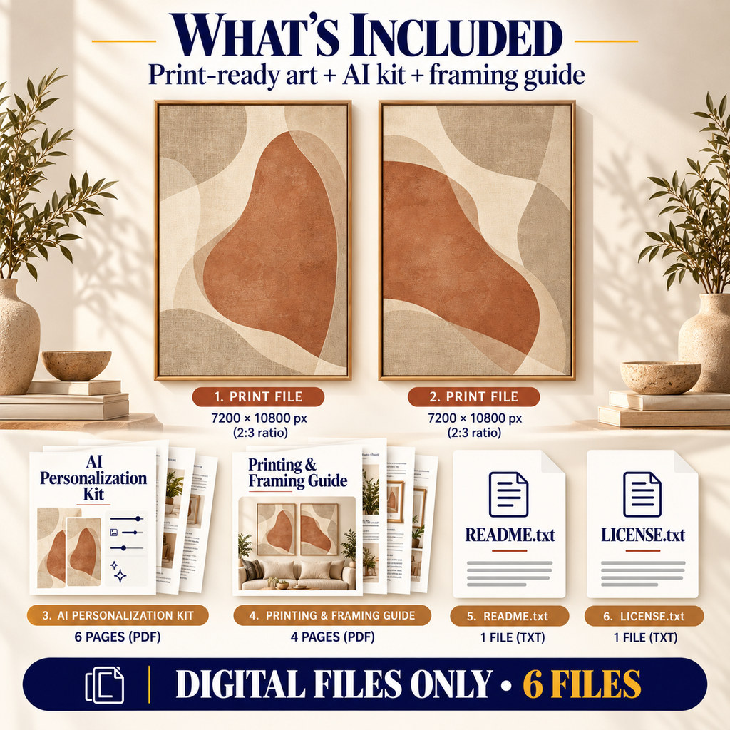 What is included in Linen and Clay Forms download: 2 print-ready art JPGs, AI personalization kit, framing guide, README and license