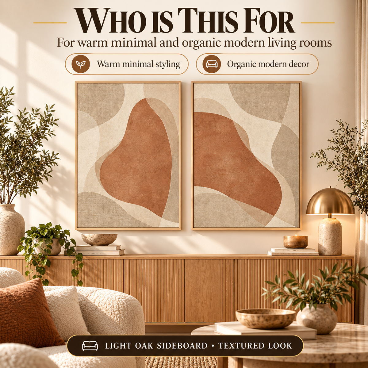 Linen and Clay Forms printable wall art styled for warm minimal and organic modern living rooms above a light oak sideboard