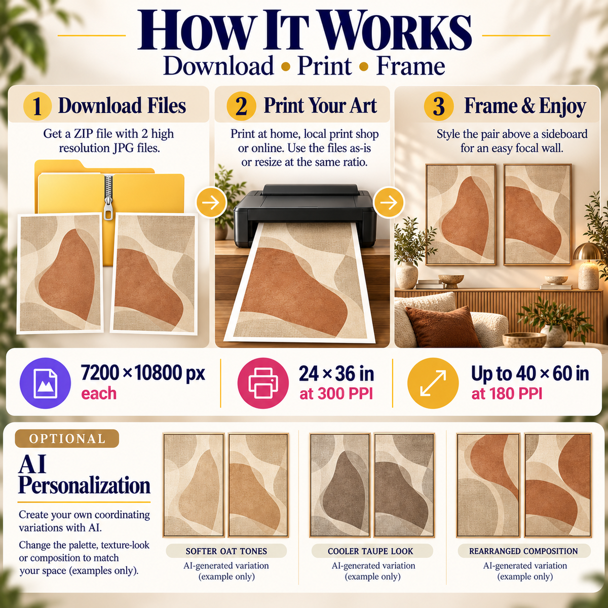 How to download print frame and personalize Linen and Clay Forms art in 2:3 portrait with 24×36 inch 300 PPI masters