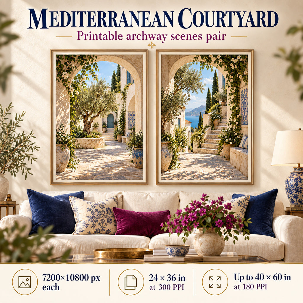 Mediterranean Courtyard Arches printable living room wall art set of 2 shown above a neutral two-seat sofa