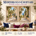 Mediterranean Courtyard Arches printable living room wall art set of 2 shown above a neutral two-seat sofa