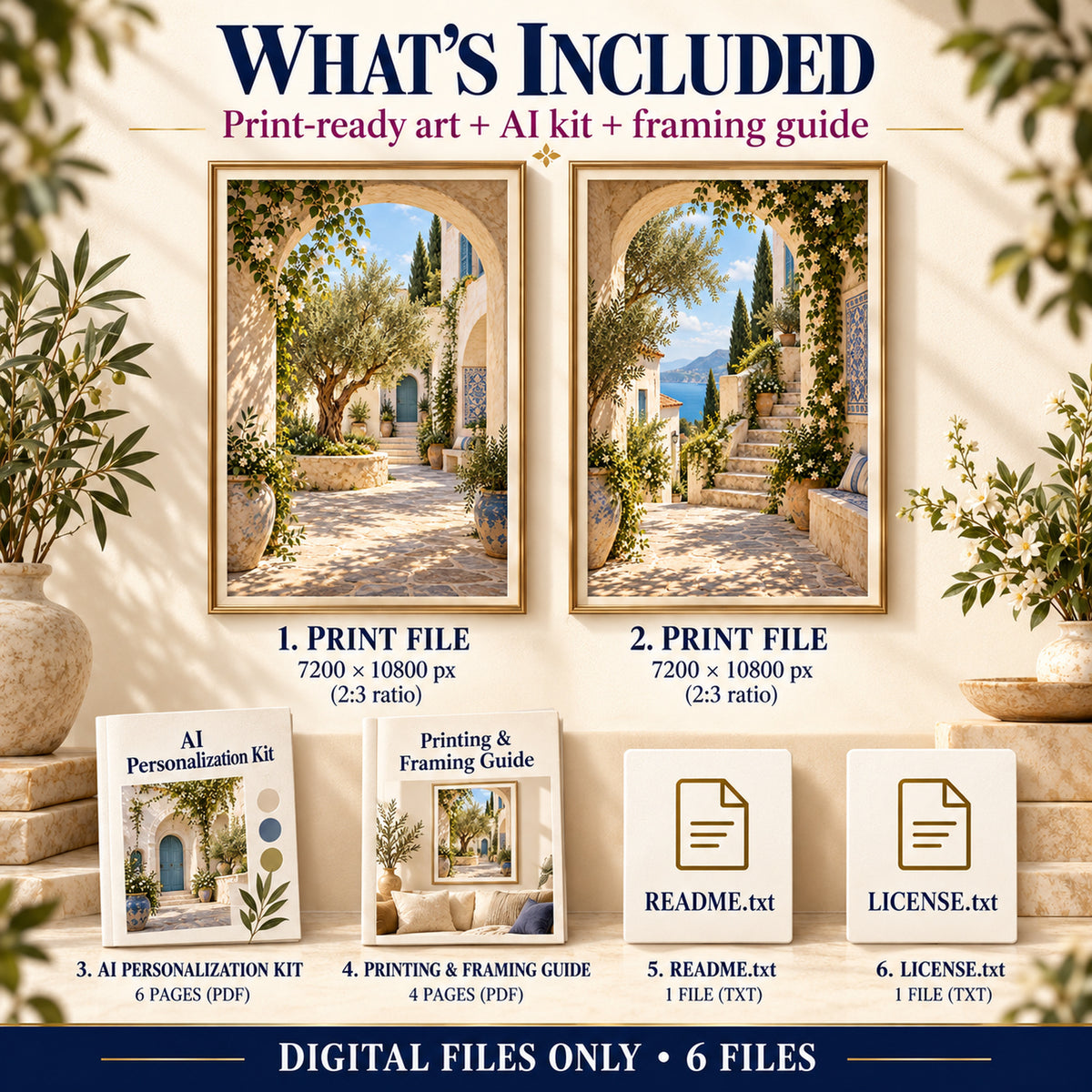 What is included in Mediterranean Courtyard Arches download: 2 art JPGs, AI kit, framing guide and text instructions