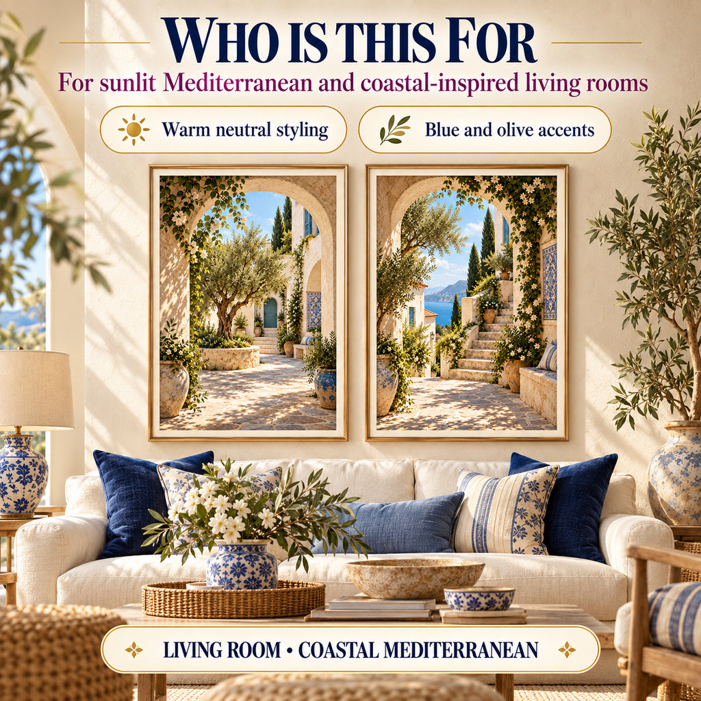 Mediterranean Courtyard Arches printable wall art styled for sunlit Mediterranean and coastal interiors above a neutral two-seat sofa