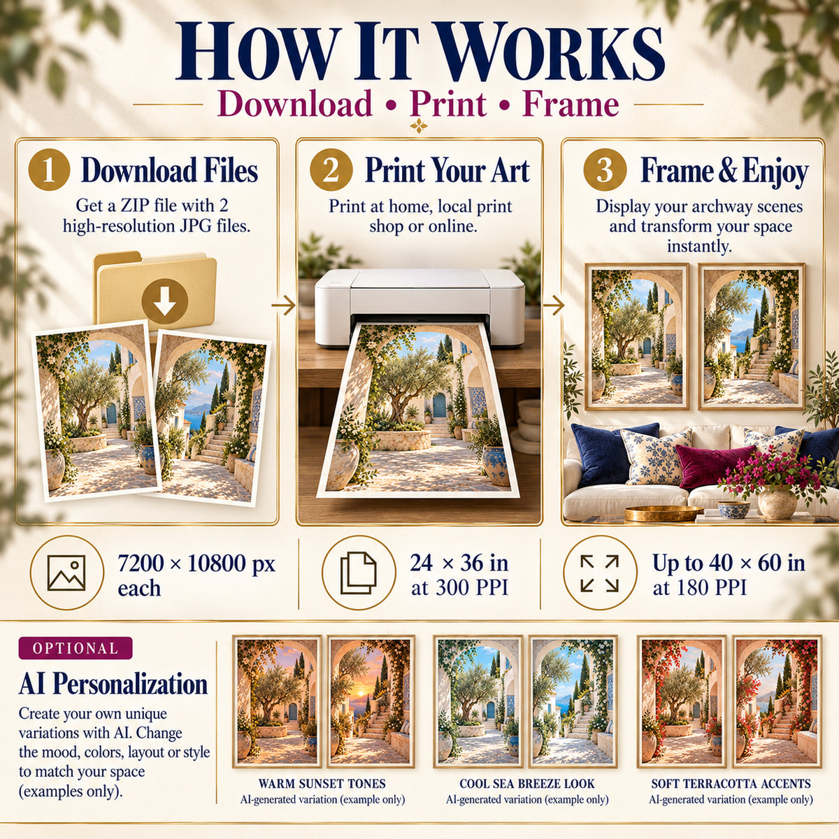 How to download print and frame Mediterranean Courtyard Arches art in 2:3 portrait at up to 24×36 in