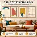 Mid Century Color Block Gallery printable living room wall art set of 4 shown above a sofa in a four-frame gallery