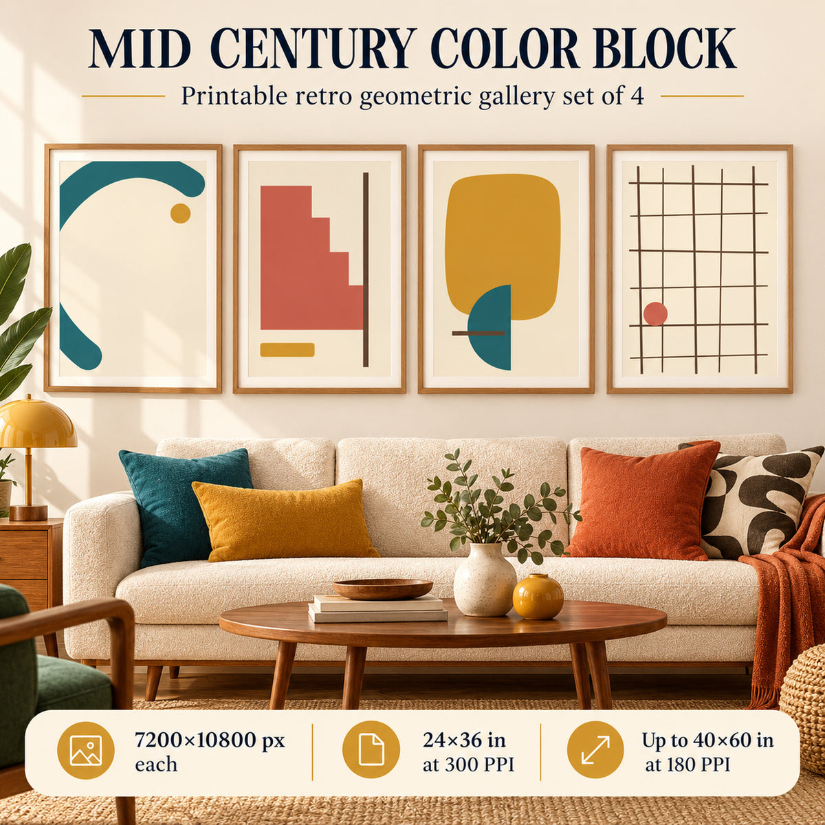 Mid Century Color Block Gallery printable living room wall art set of 4 shown above a sofa in a four-frame gallery