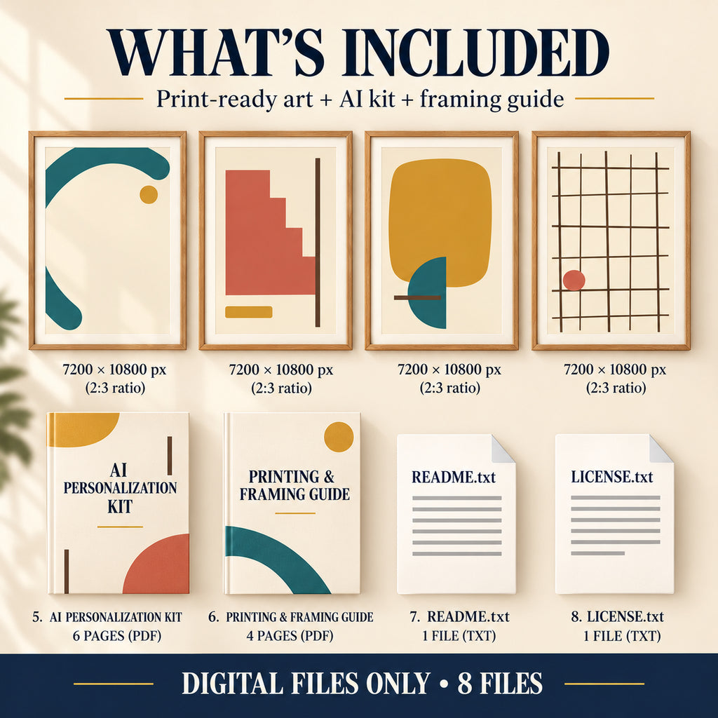 What is included in Mid Century Color Block Gallery download: 4 art JPGs, AI kit, framing guide and text instructions