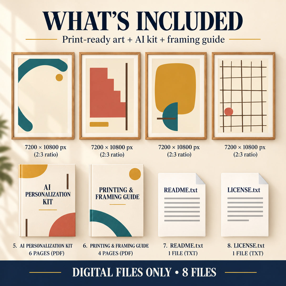 What is included in Mid Century Color Block Gallery download: 4 art JPGs, AI kit, framing guide and text instructions