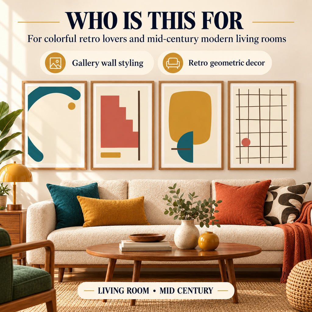 Mid Century Color Block Gallery printable wall art styled for colorful mid-century living rooms in a four-frame sofa gallery