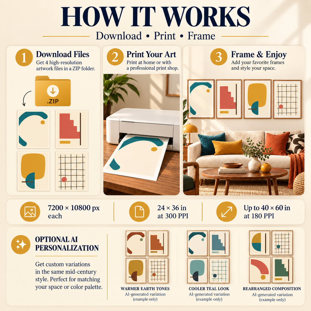 How to download print and frame Mid Century Color Block Gallery art in 2:3 portrait with optional AI personalization examples