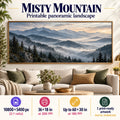Misty Mountain Panorama printable living room wall art above a Scandinavian sofa, 10800×5400 px, 36×18 in at 300 PPI and up to 60×30 in at 180 PPI
