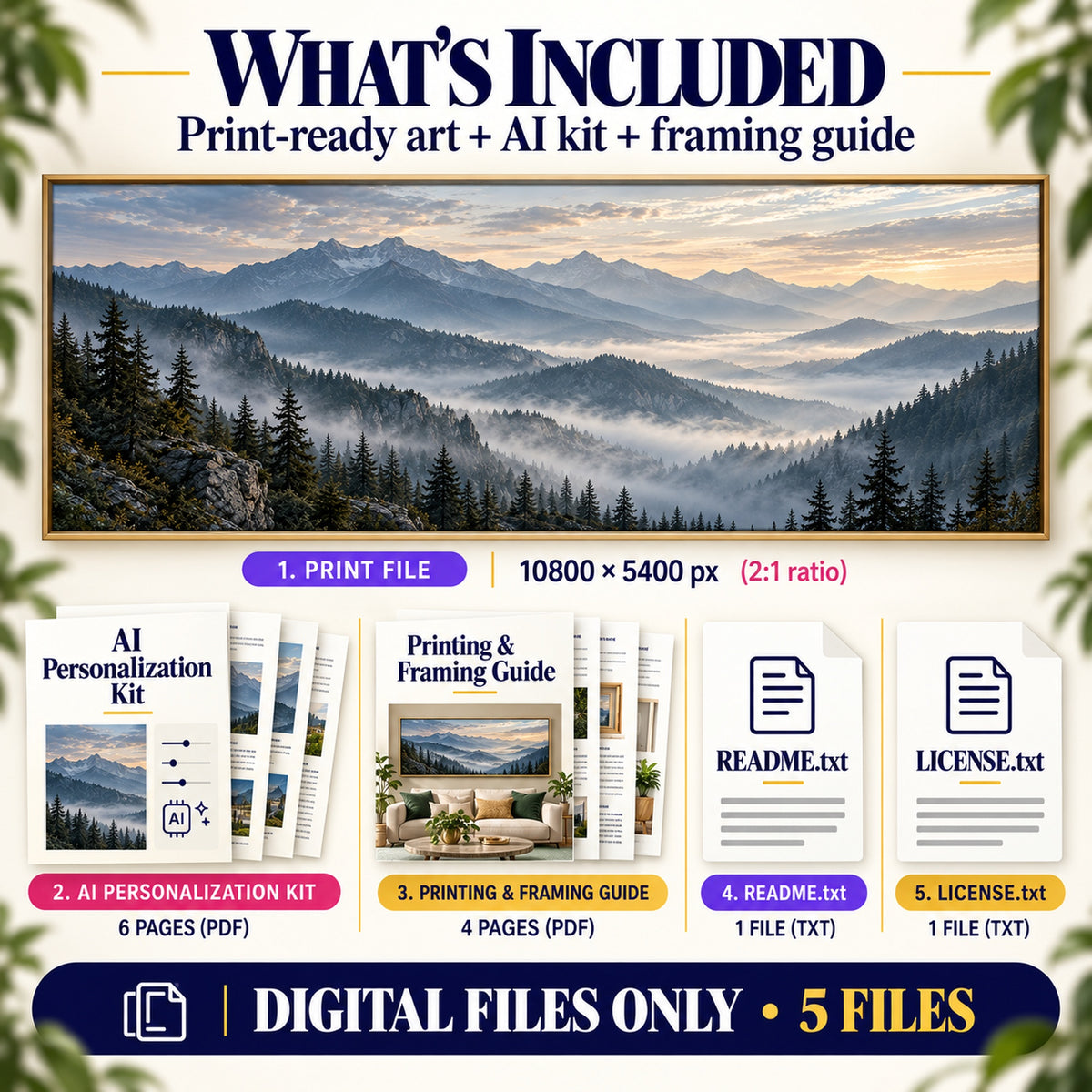 What is included in Misty Mountain Panorama download: 1 panoramic art JPG, AI Personalization Kit, printing and framing guide, README and license
