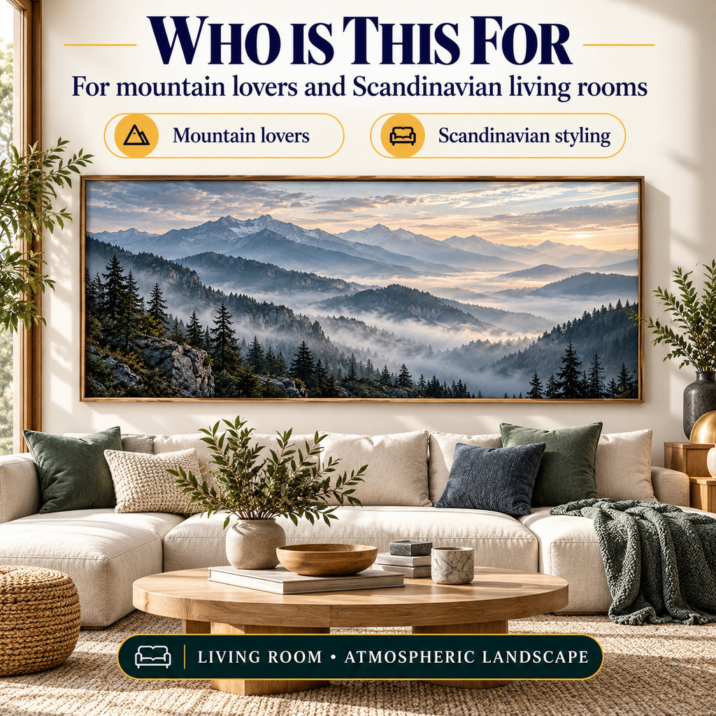 Misty Mountain Panorama printable wall art styled for mountain lovers and Scandinavian living rooms above a neutral sofa