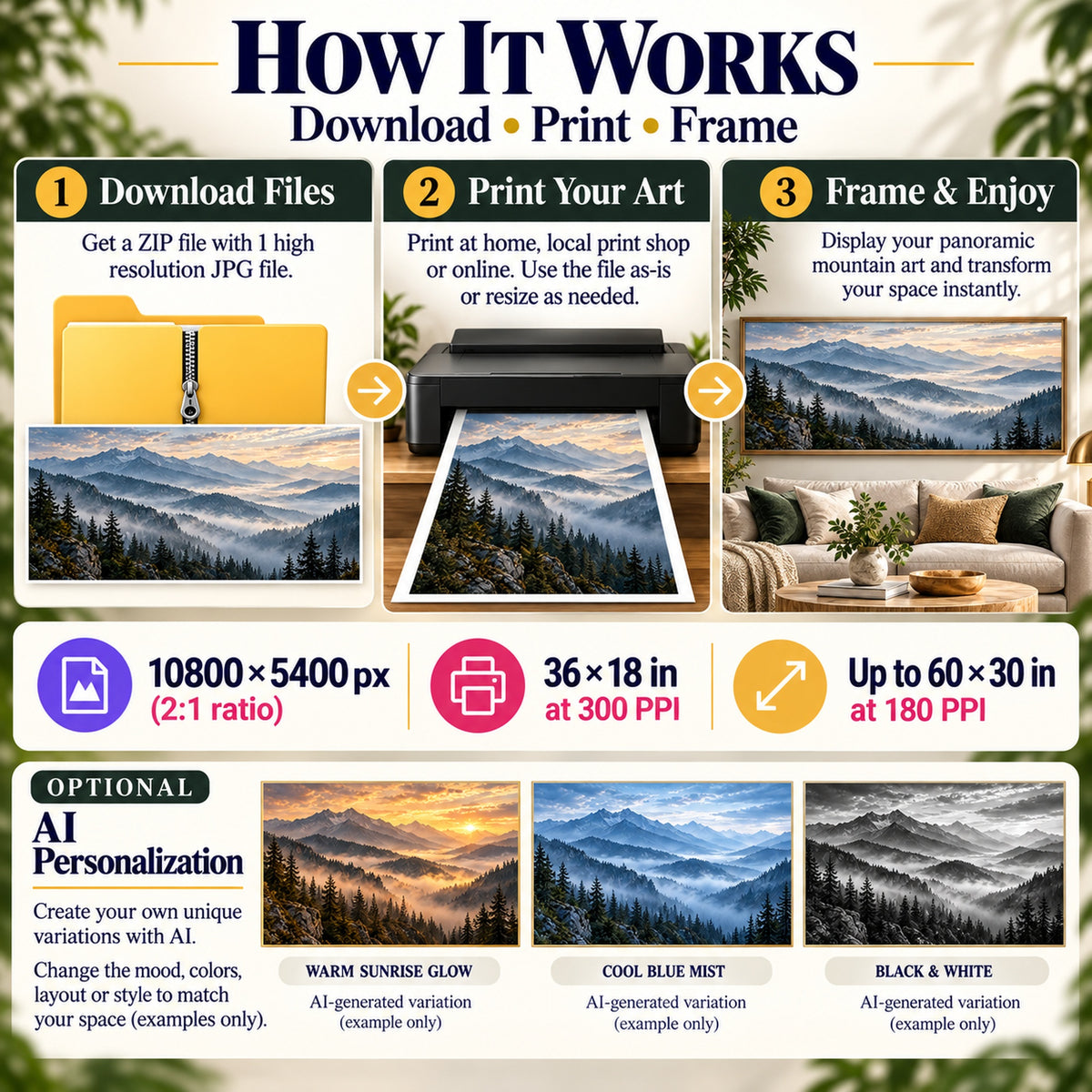 How to download print and frame Misty Mountain Panorama art with warm sunrise, cool blue mist and black and white AI personalization examples