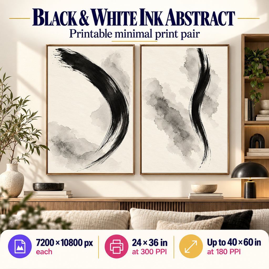 Monochrome Ink Gestures printable living room wall art set of 2 shown beside an open bookshelf