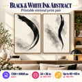 Monochrome Ink Gestures printable living room wall art set of 2 shown beside an open bookshelf