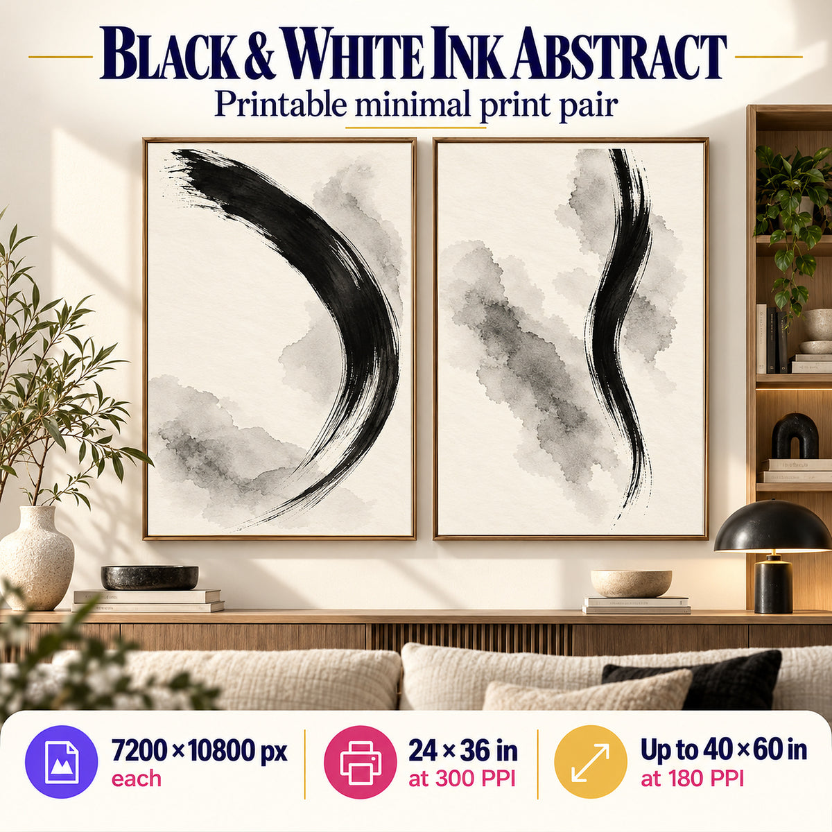 Monochrome Ink Gestures printable living room wall art set of 2 shown beside an open bookshelf