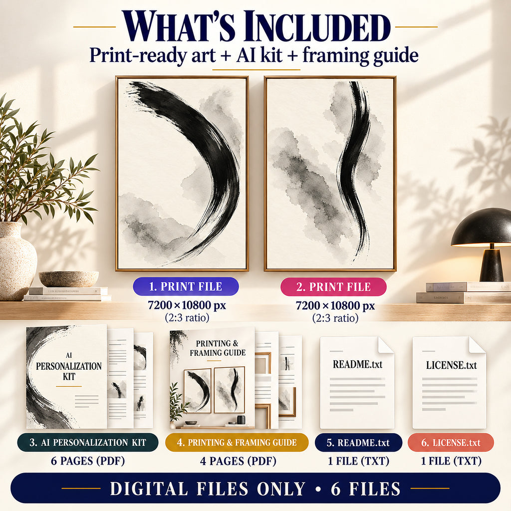 What is included in Monochrome Ink Gestures download: 2 art JPGs, AI kit, framing guide and text instructions