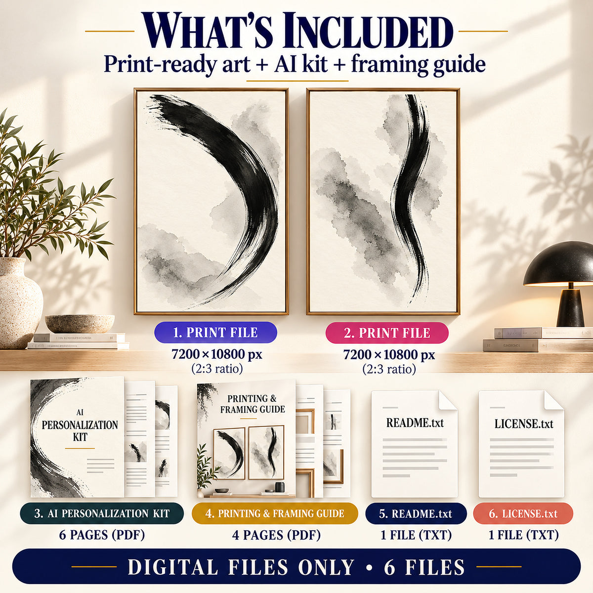 What is included in Monochrome Ink Gestures download: 2 art JPGs, AI kit, framing guide and text instructions