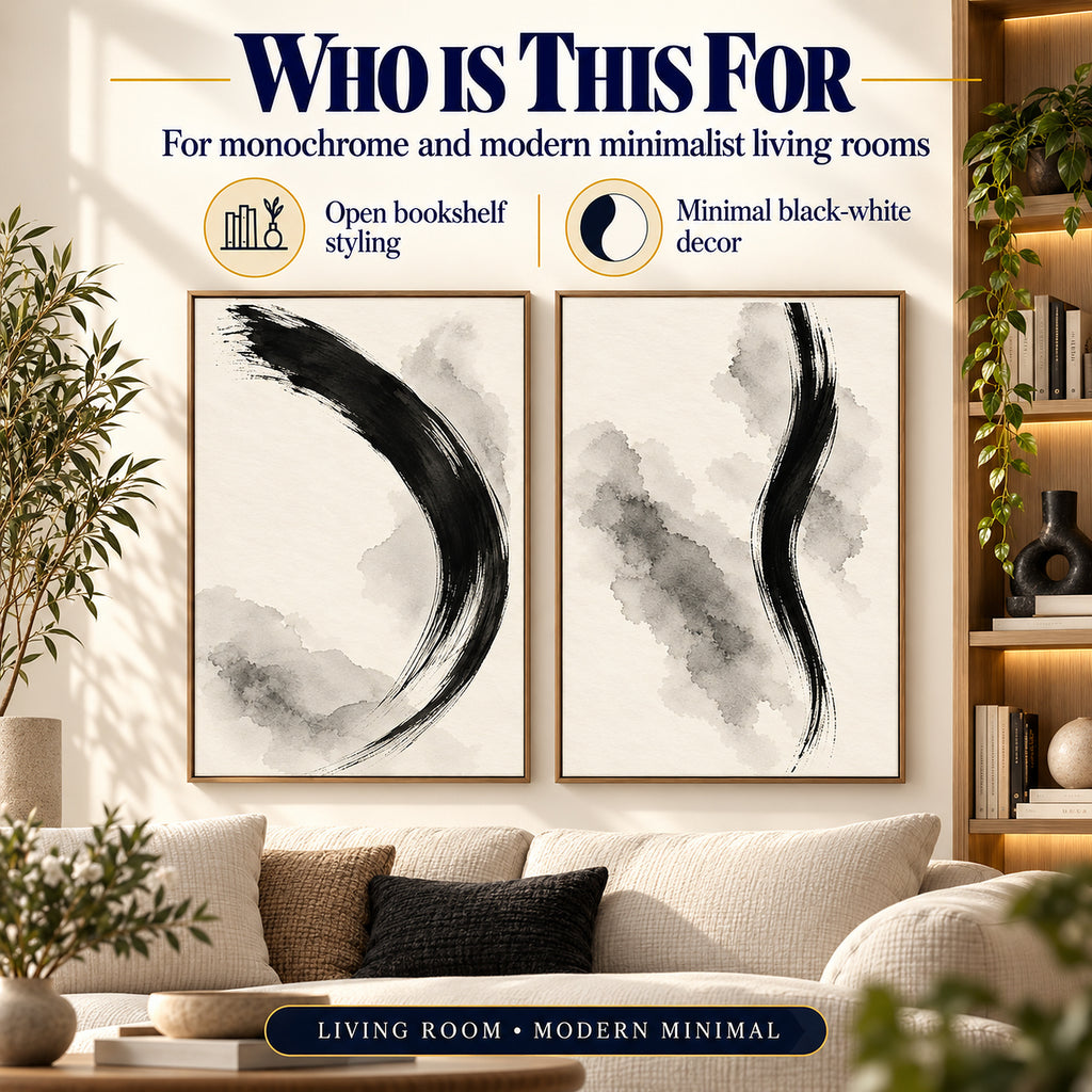 Monochrome Ink Gestures printable wall art styled for monochrome and modern minimalist living rooms beside an open bookshelf