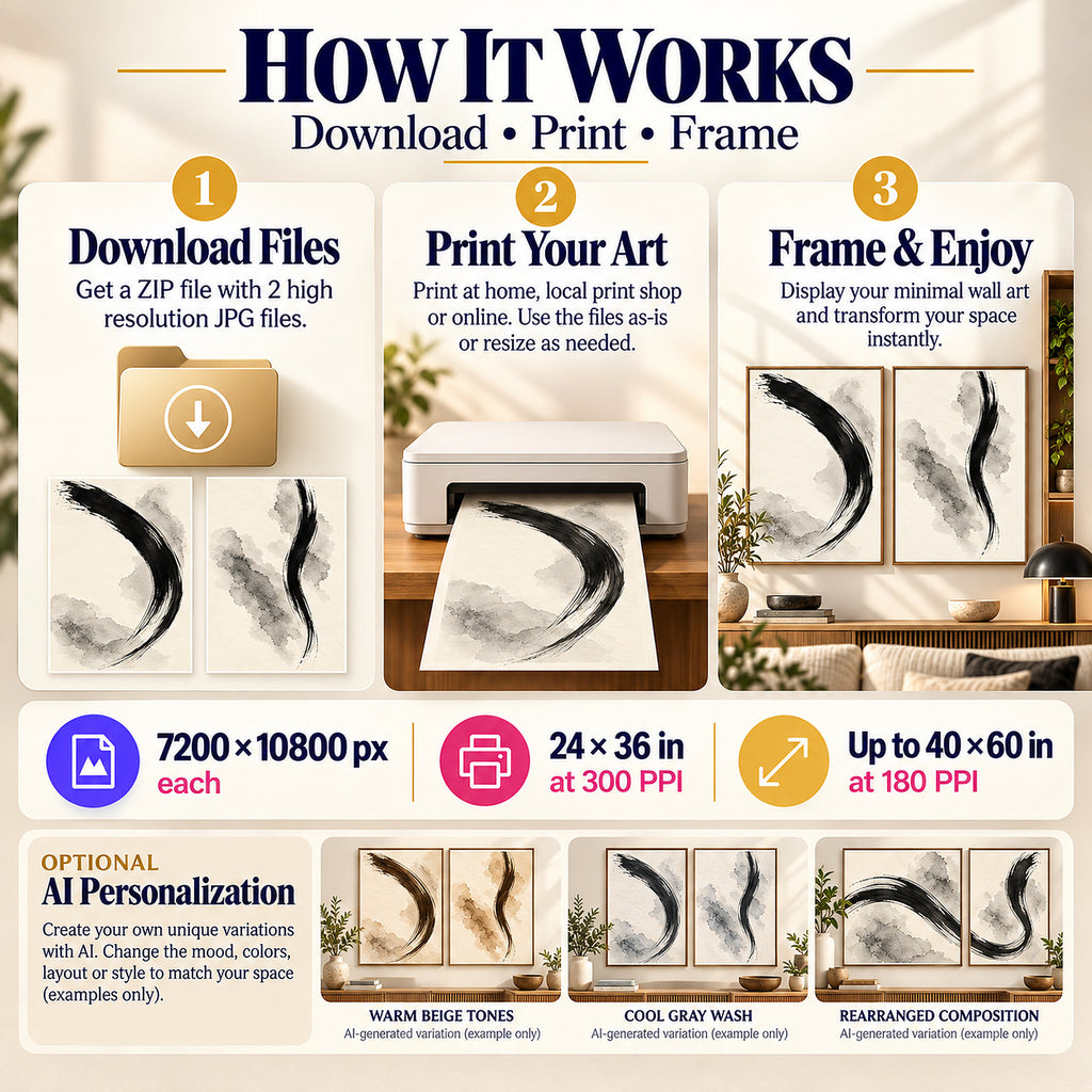 How to download print and frame Monochrome Ink Gestures art in 2:3 portrait at up to 24×36 in