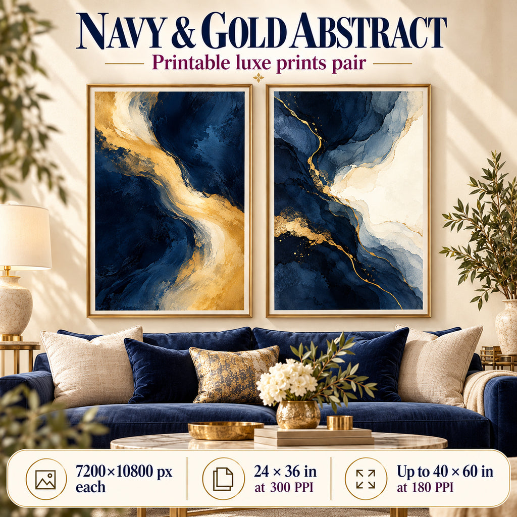 Navy and Gold Light printable living room wall art pair shown above a navy velvet sofa in a modern luxe interior