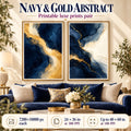Navy and Gold Light printable living room wall art pair shown above a navy velvet sofa in a modern luxe interior
