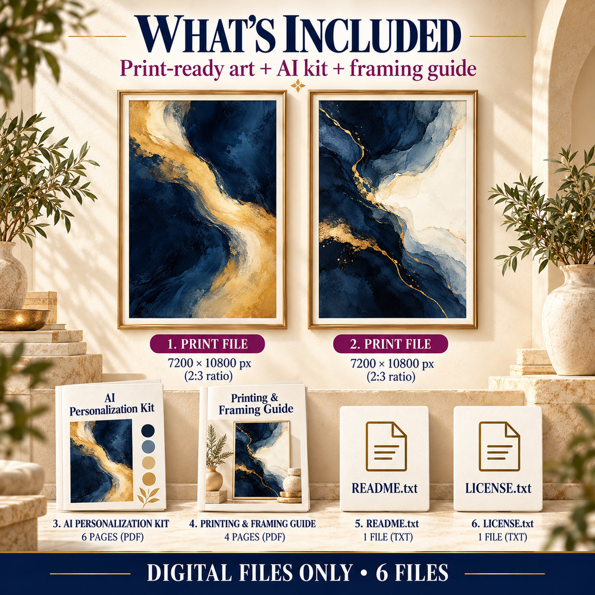 What is included in Navy and Gold Light download: 2 art JPGs, AI kit, framing guide and text instructions