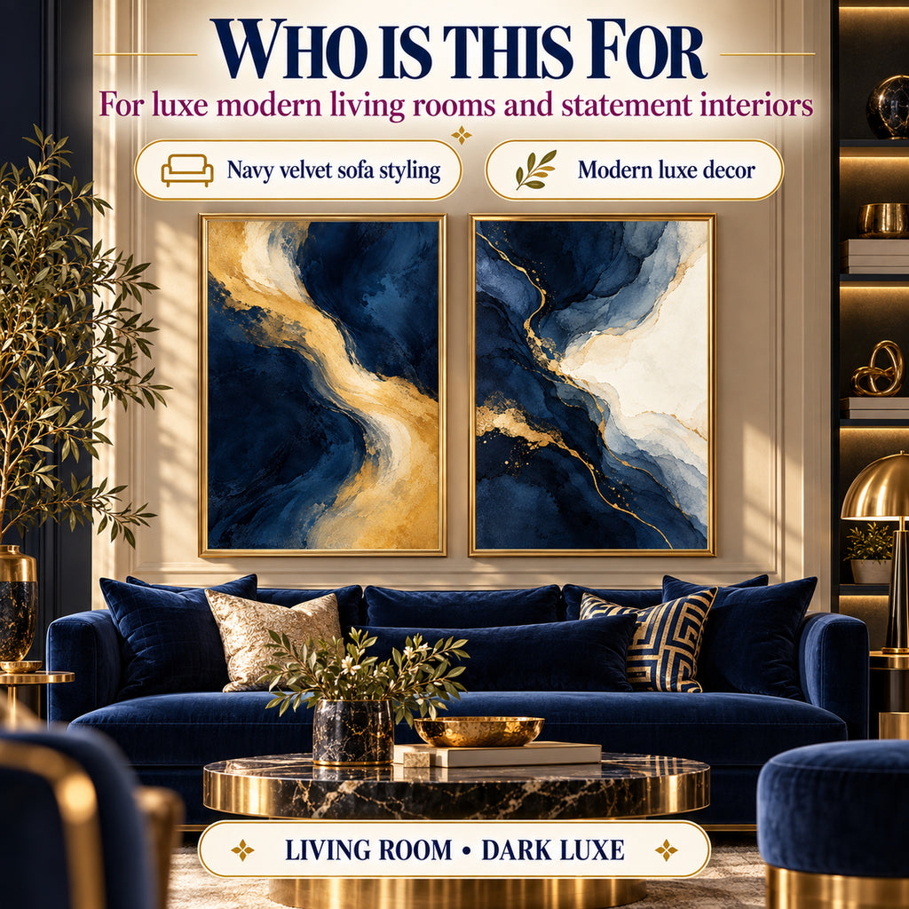 Navy and Gold Light printable wall art styled for navy-and-gold contemporary living rooms above a navy velvet sofa
